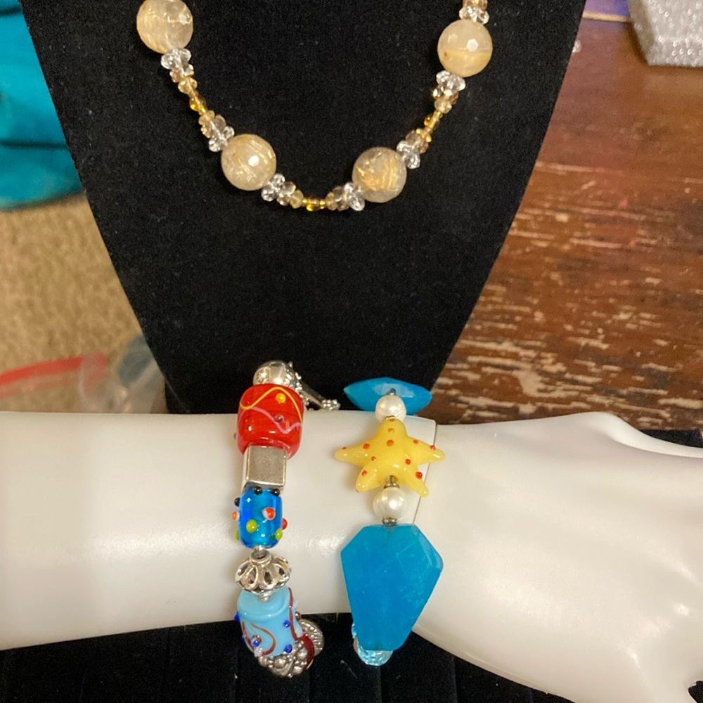 Sterling and glass jewelry two bracelets and one necklace